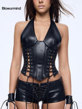 BUM STUDIO Black Padded Cutout Lace Up Boned Waist Cinch Women's Leather Halter Tops