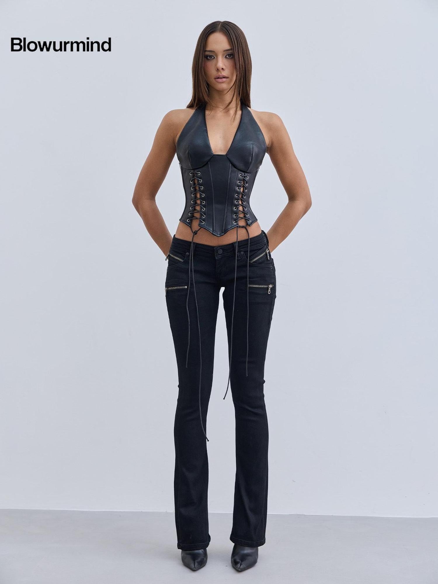 BUM STUDIO Black Padded Cutout Lace Up Boned Waist Cinch Women's Leather Halter Tops