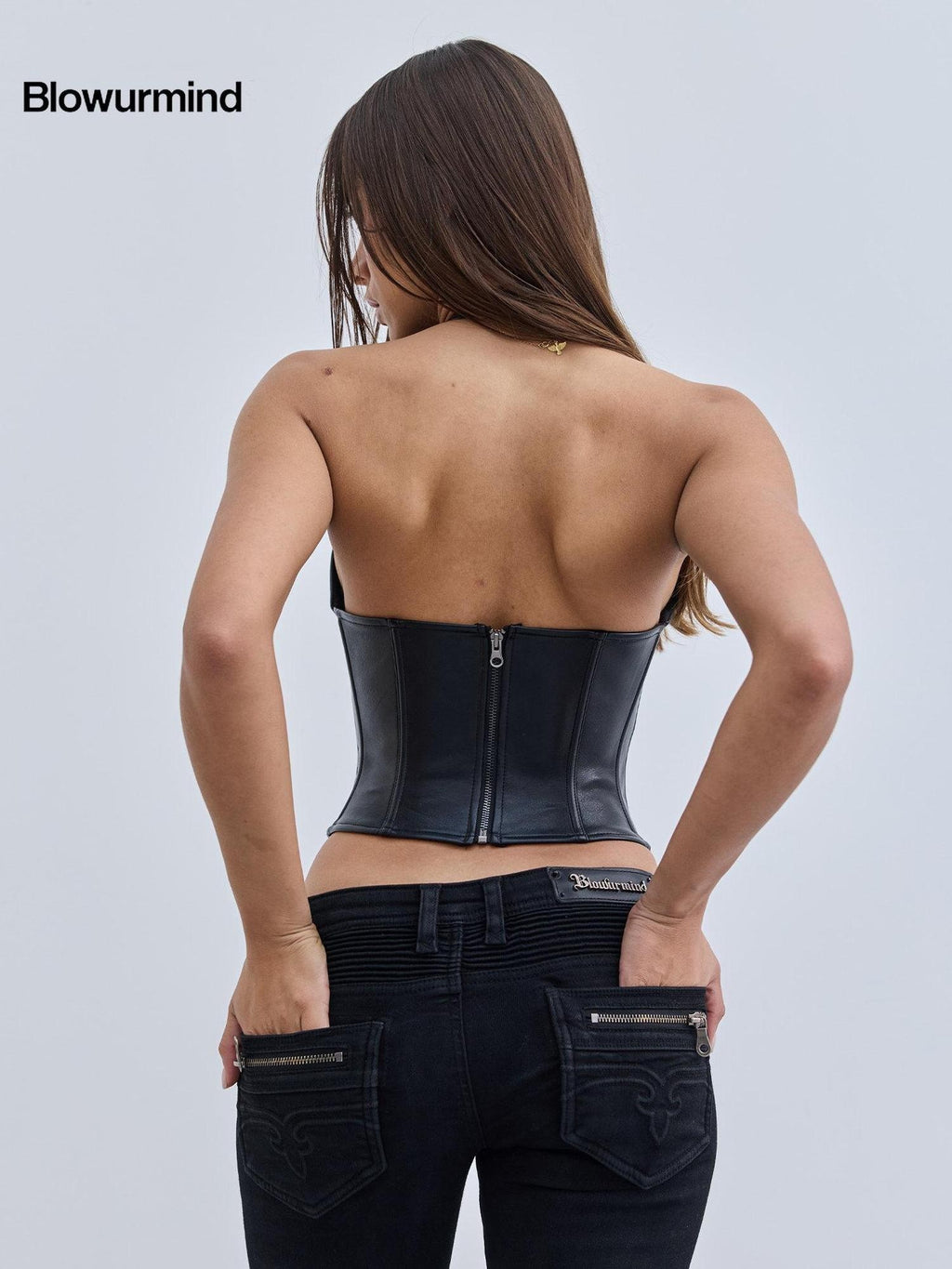 BUM STUDIO Black Padded Cutout Lace Up Boned Waist Cinch Women's Leather Halter Tops