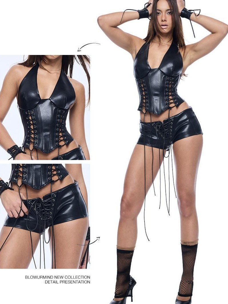 BUM STUDIO Black Padded Cutout Lace Up Boned Waist Cinch Women's Leather Halter Tops