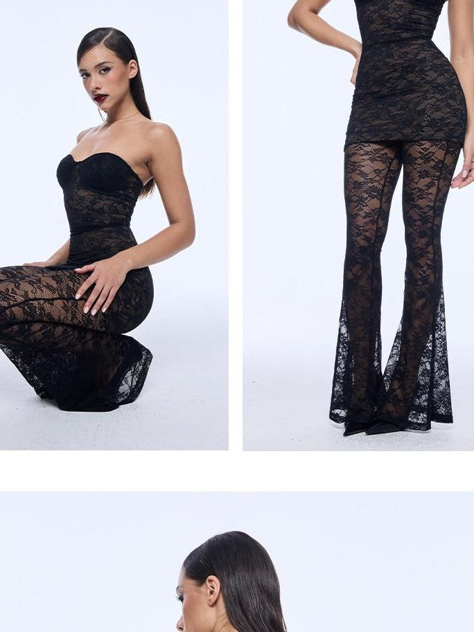 BUM STUDIO Black Padded Lace Compression Long Sleeve Women's Nylon Bodycon Mini Dresses