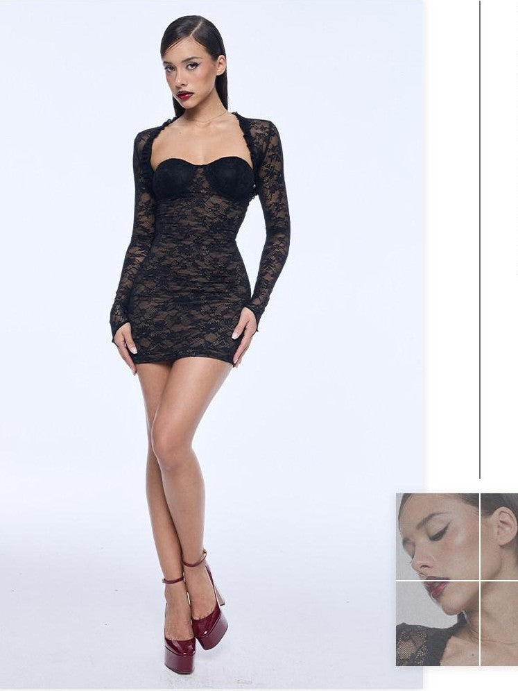 BUM STUDIO Black Padded Lace Compression Long Sleeve Women's Nylon Bodycon Mini Dresses