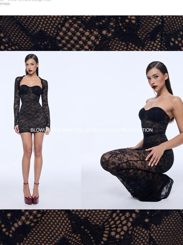 BUM STUDIO Black Padded Lace Compression Long Sleeve Women's Nylon Bodycon Mini Dresses