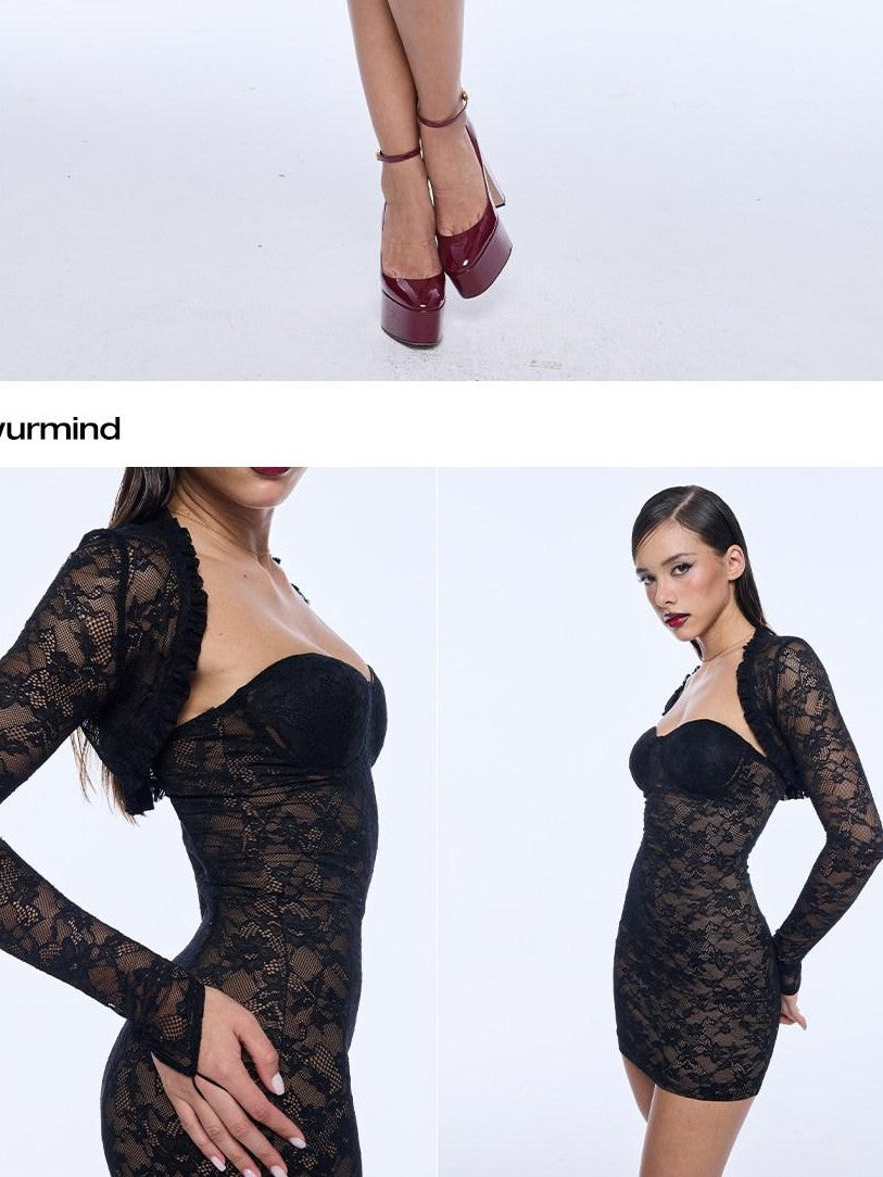 BUM STUDIO Black Padded Lace Compression Long Sleeve Women's Nylon Bodycon Mini Dresses