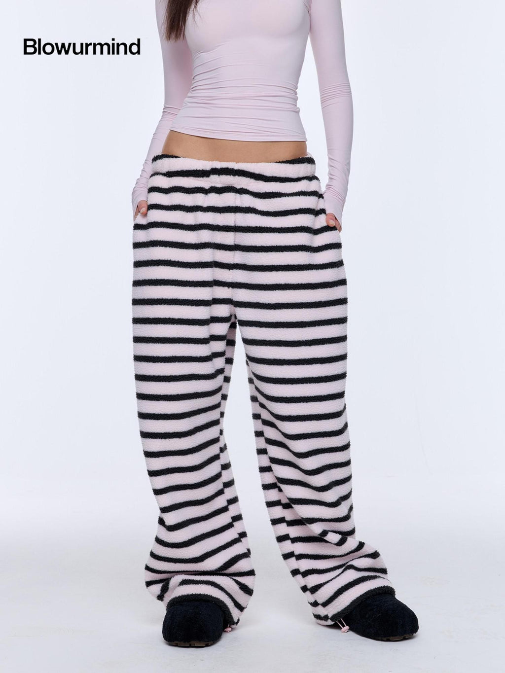 BUM STUDIO Black Pink Striped Polar Fleece Drawstring Cuffed Women's Polyester Sweatpants