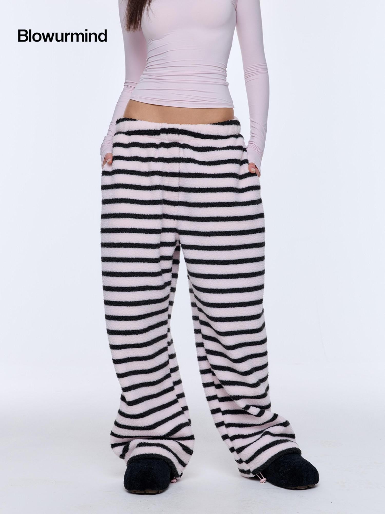 BUM STUDIO Black Pink Striped Polar Fleece Drawstring Cuffed Women's Polyester Sweatpants