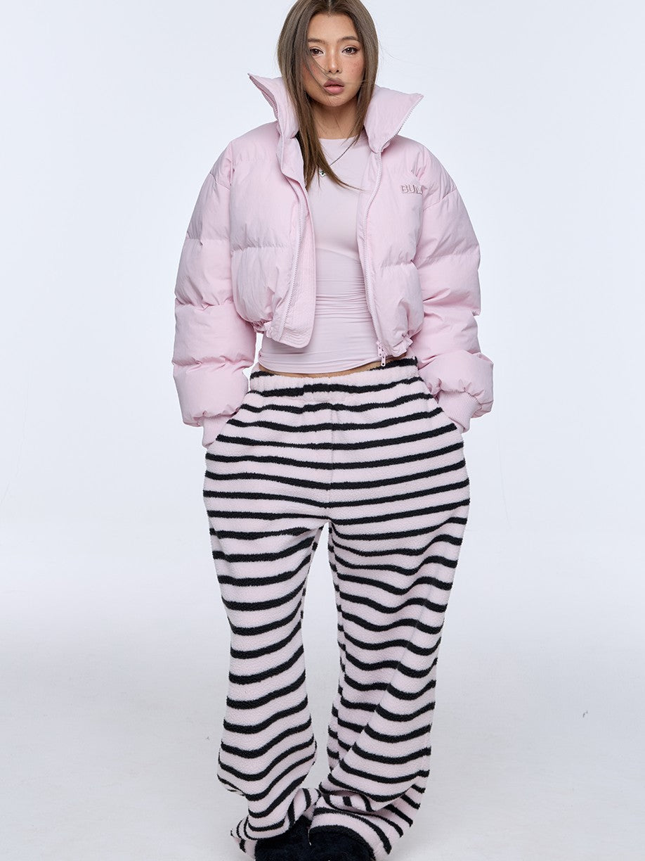 BUM STUDIO Black Pink Striped Polar Fleece Drawstring Cuffed Women's Polyester Sweatpants