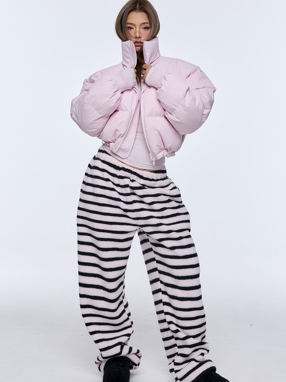 BUM STUDIO Black Pink Striped Polar Fleece Drawstring Cuffed Women's Polyester Sweatpants
