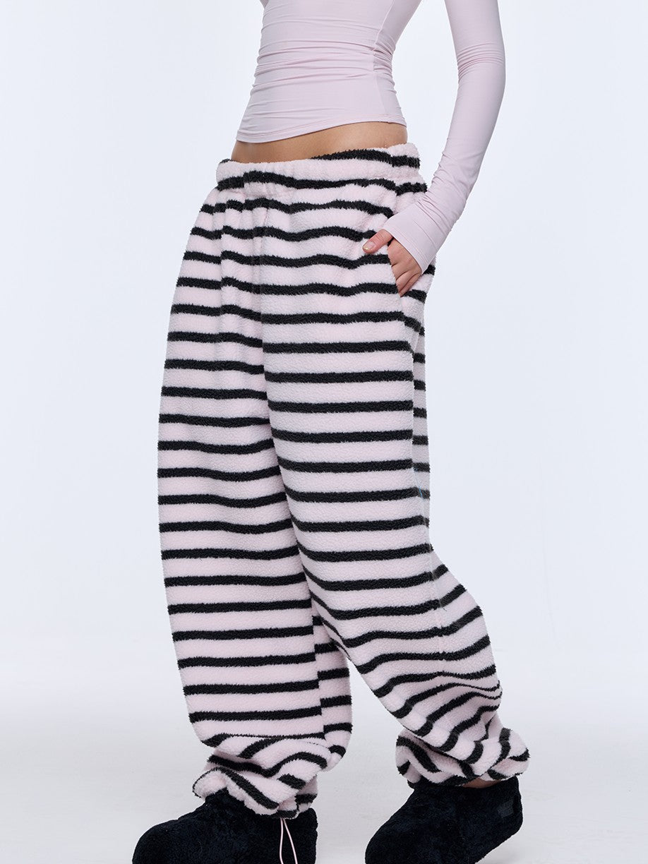 BUM STUDIO Black Pink Striped Polar Fleece Drawstring Cuffed Women's Polyester Sweatpants