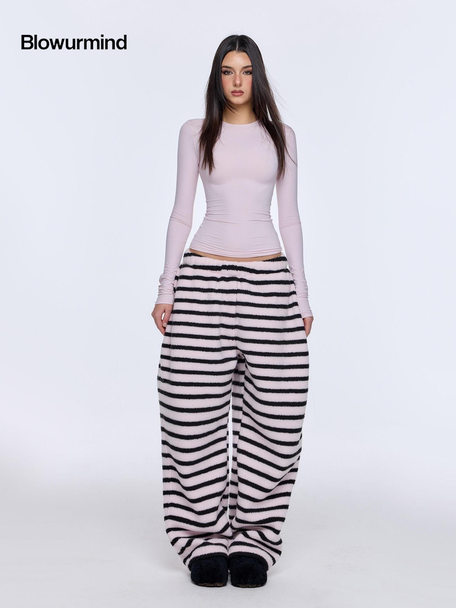 BUM STUDIO Black Pink Striped Polar Fleece Drawstring Cuffed Women's Polyester Sweatpants