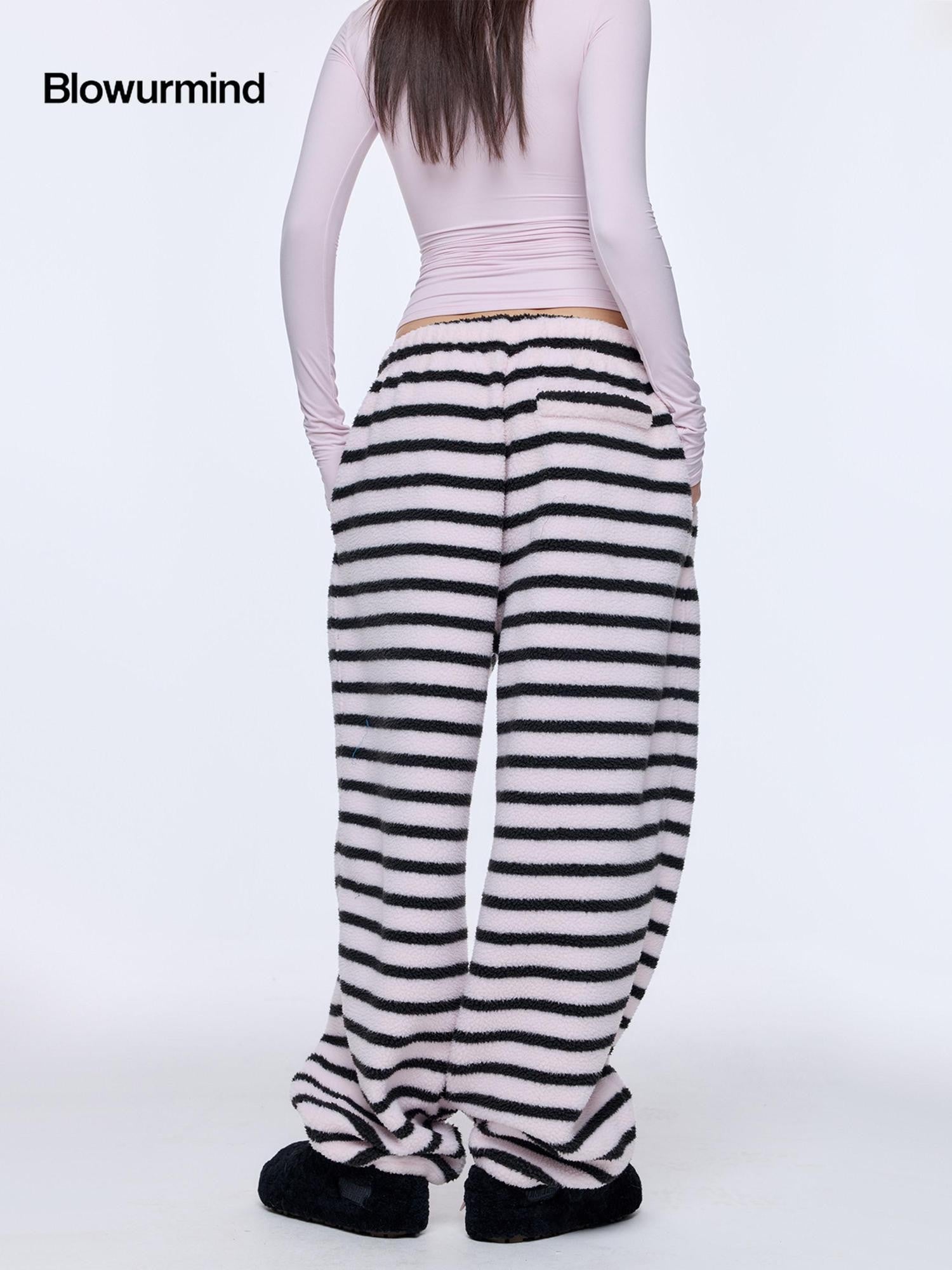 BUM STUDIO Black Pink Striped Polar Fleece Drawstring Cuffed Women's Polyester Sweatpants