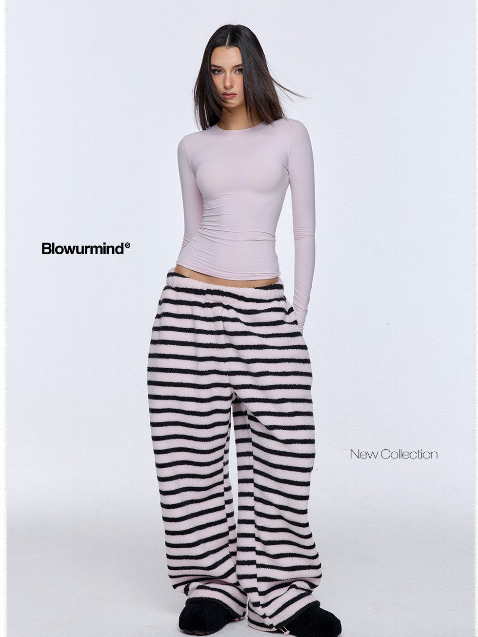 BUM STUDIO Black Pink Striped Polar Fleece Drawstring Cuffed Women's Polyester Sweatpants