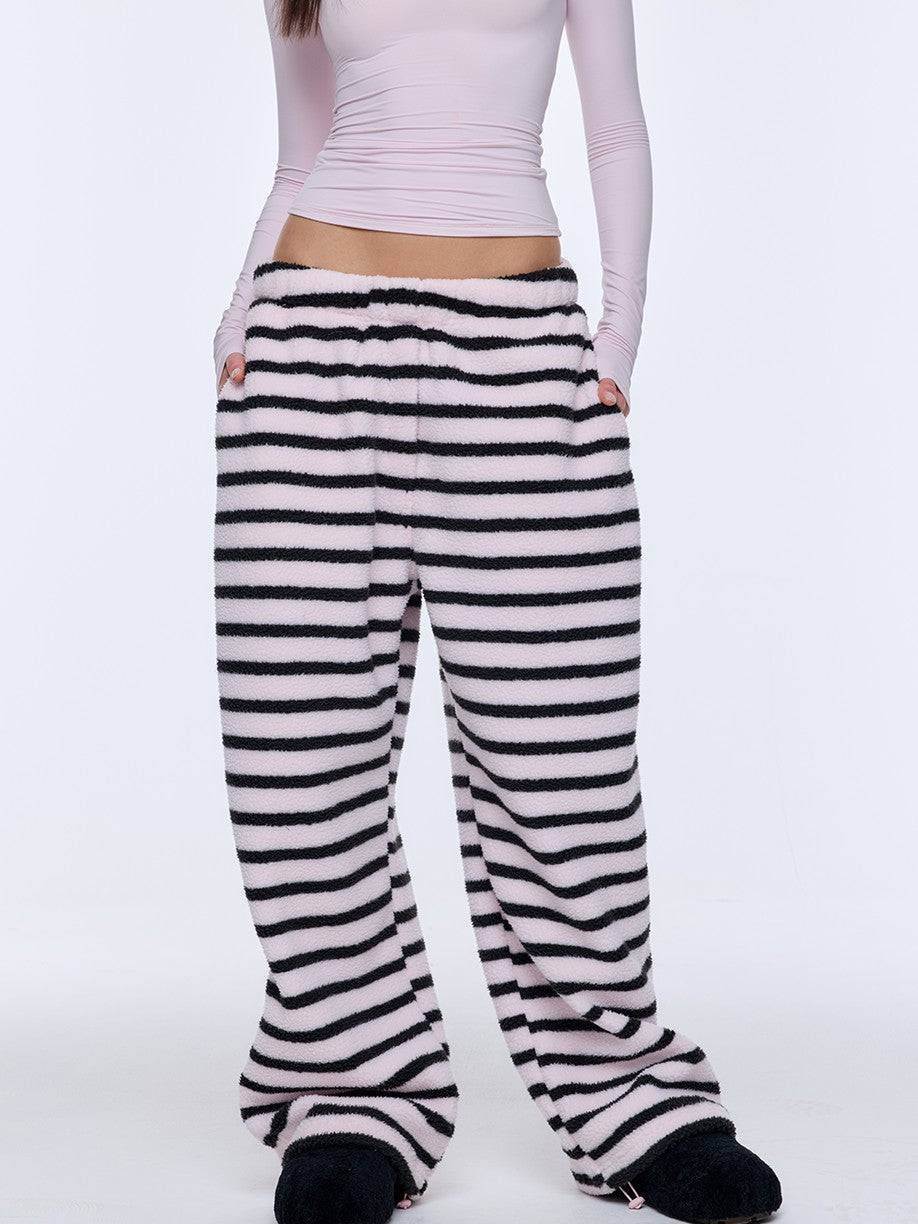 BUM STUDIO Black Pink Striped Polar Fleece Drawstring Cuffed Women's Polyester Sweatpants