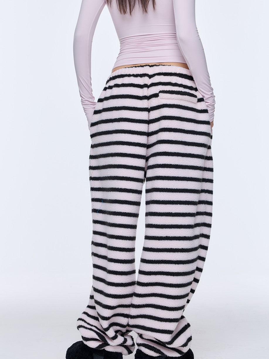 BUM STUDIO Black Pink Striped Polar Fleece Drawstring Cuffed Women's Polyester Sweatpants