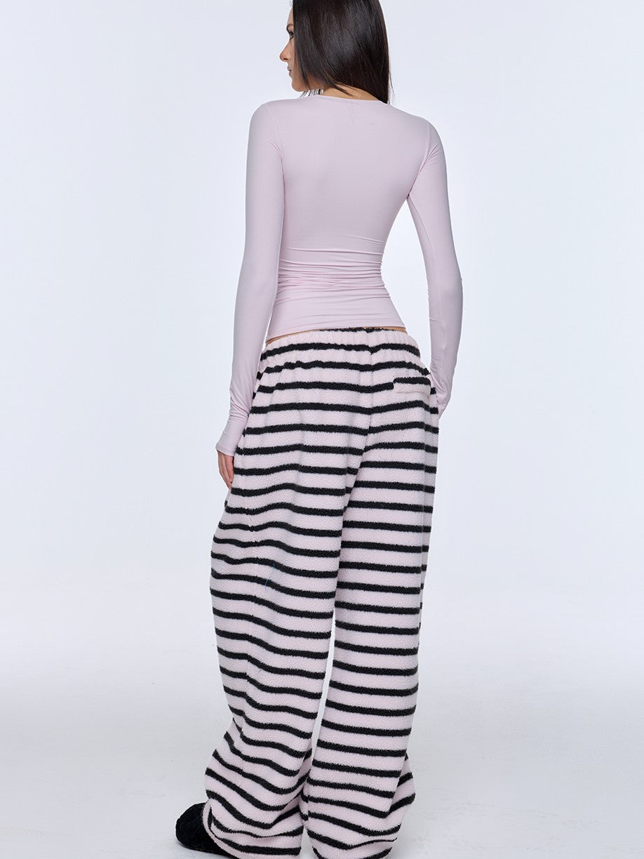 BUM STUDIO Black Pink Striped Polar Fleece Drawstring Cuffed Women's Polyester Sweatpants