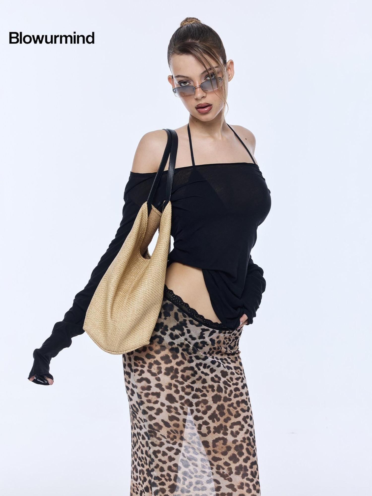BUM STUDIO Black Sheer Off Shoulder Loose Women's Long Staple Cotton Long Sleeve T-shirts