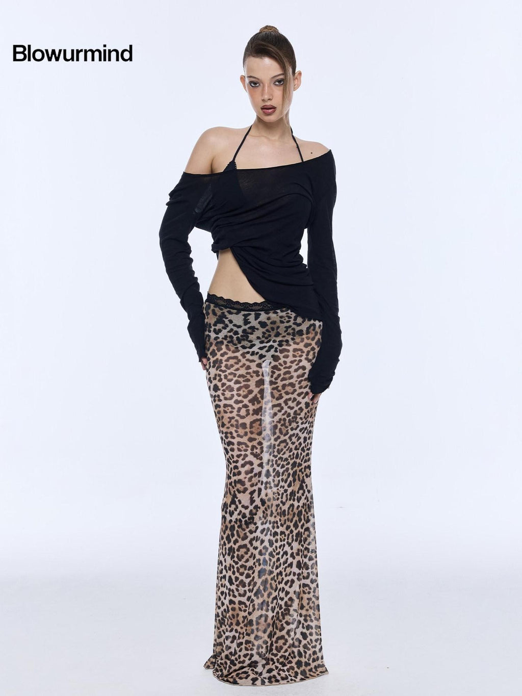 BUM STUDIO Black Sheer Off Shoulder Loose Women's Long Staple Cotton Long Sleeve T-shirts