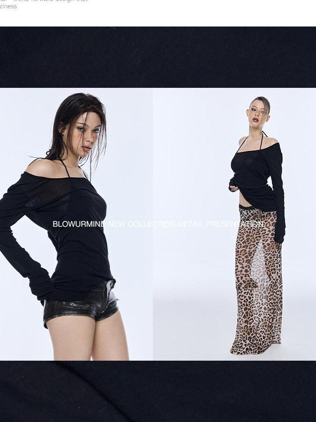 BUM STUDIO Black Sheer Off Shoulder Loose Women's Long Staple Cotton Long Sleeve T-shirts