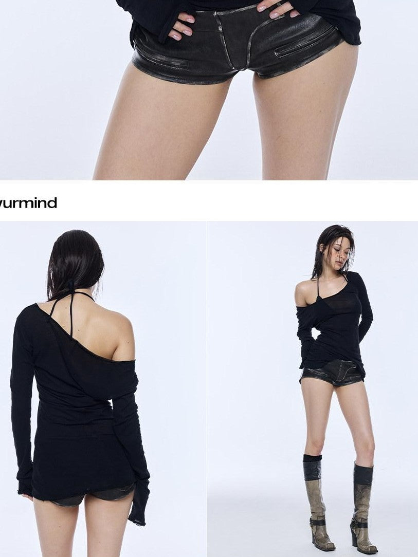 BUM STUDIO Black Sheer Off Shoulder Loose Women's Long Staple Cotton Long Sleeve T-shirts