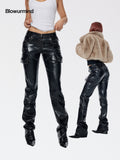 BUM STUDIO Black Studded Patchwork Low Rise Women's Waxed Composite Leather Pants