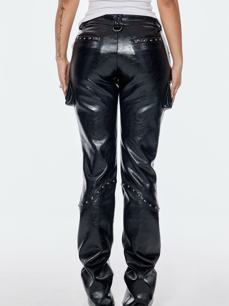 BUM STUDIO Black Studded Patchwork Low Rise Women's Waxed Composite Leather Pants