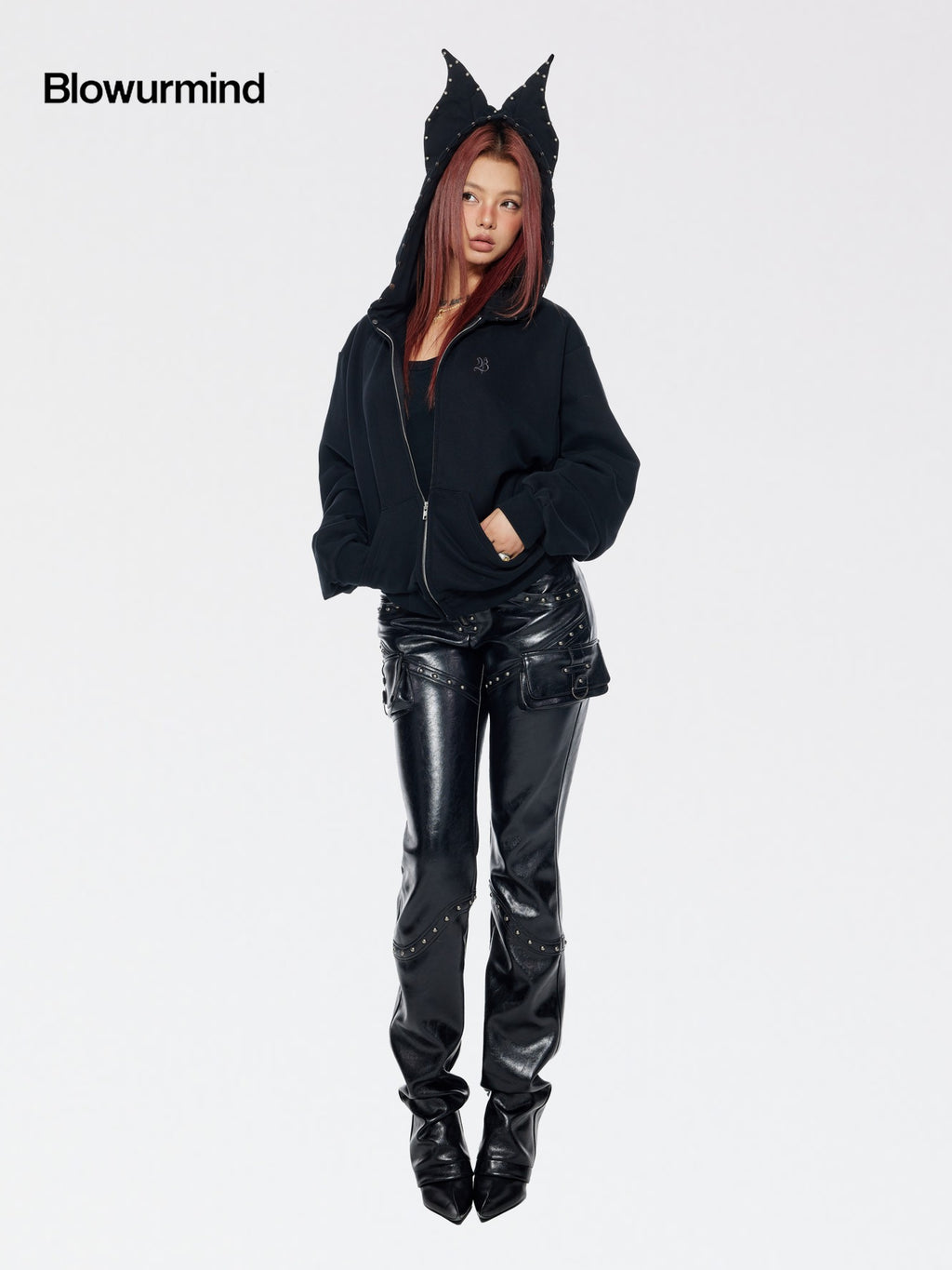 BUM STUDIO Black Studded Patchwork Low Rise Women's Waxed Composite Leather Pants