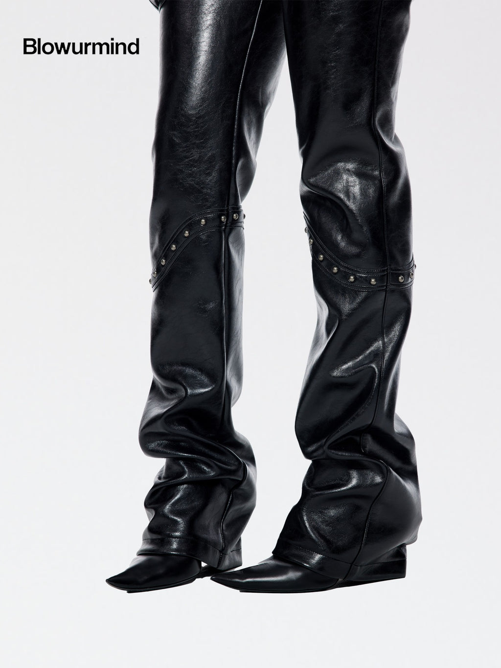 BUM STUDIO Black Studded Patchwork Low Rise Women's Waxed Composite Leather Pants