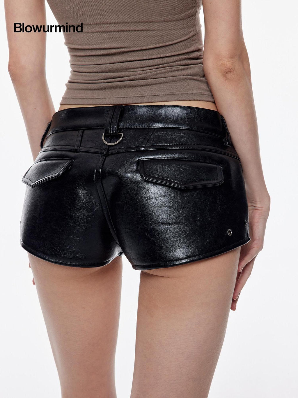 BUM STUDIO Black Waxed Spliced Low Waist Leg Lengthening Women's Pu Leather Shorts