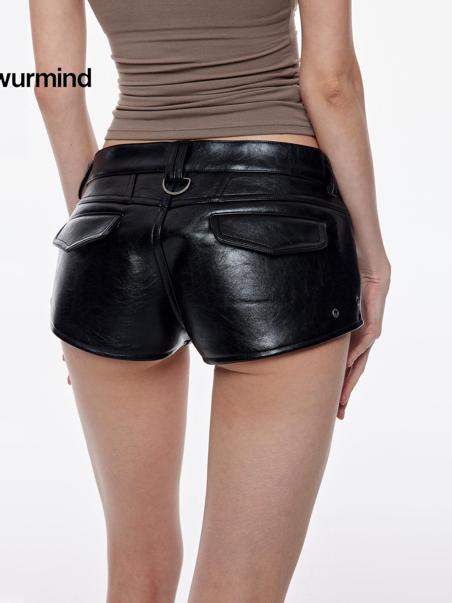 BUM STUDIO Black Waxed Spliced Low Waist Leg Lengthening Women's Pu Leather Shorts
