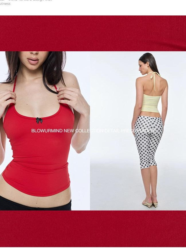 BUM STUDIO Bow Tie Double Layer Waist Cinch Detachable Pad Women's Nylon Halter Tops