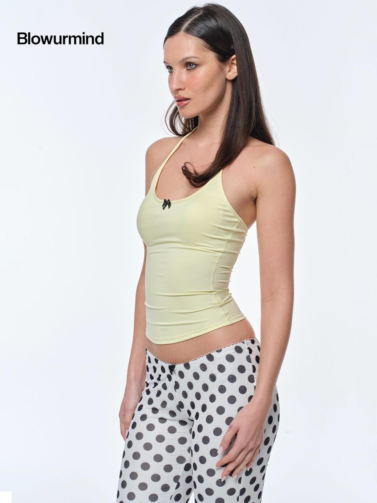 BUM STUDIO Bow Tie Double Layer Waist Cinch Detachable Pad Women's Nylon Halter Tops