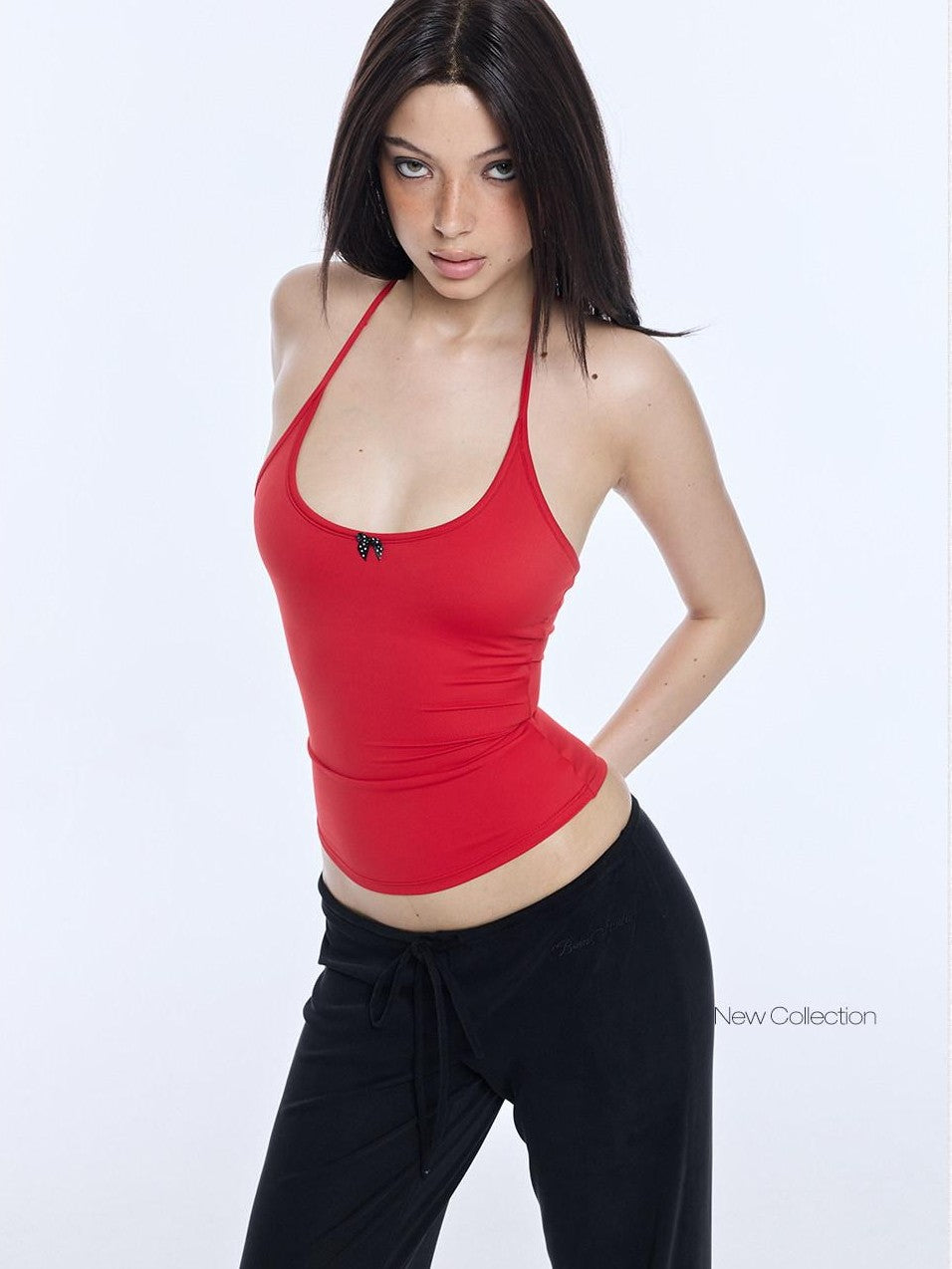 BUM STUDIO Bow Tie Double Layer Waist Cinch Detachable Pad Women's Nylon Halter Tops