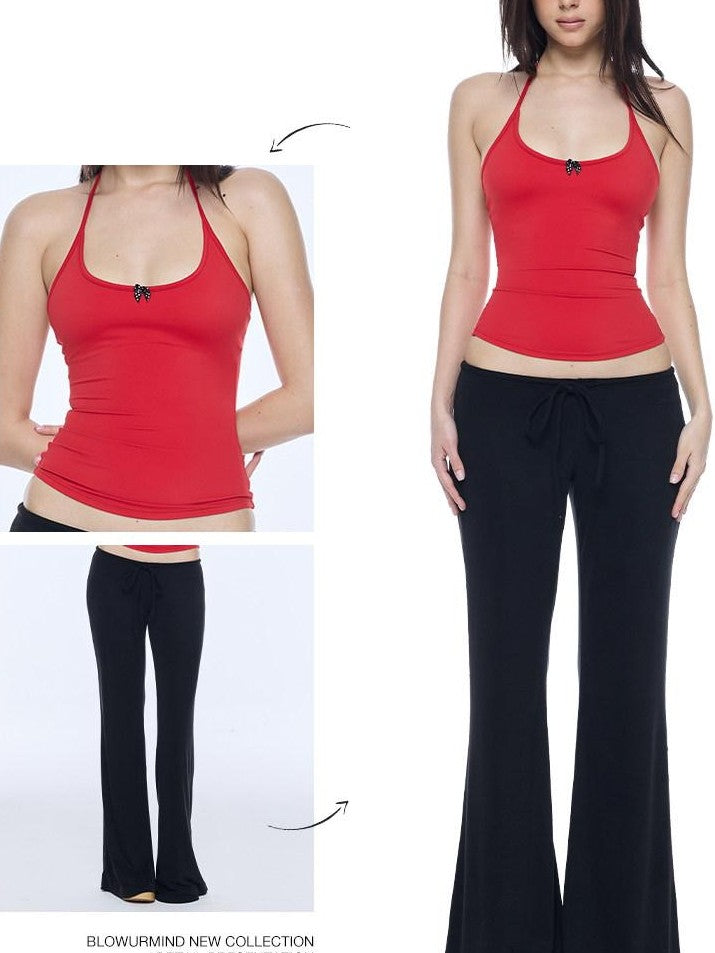 BUM STUDIO Bow Tie Double Layer Waist Cinch Detachable Pad Women's Nylon Halter Tops