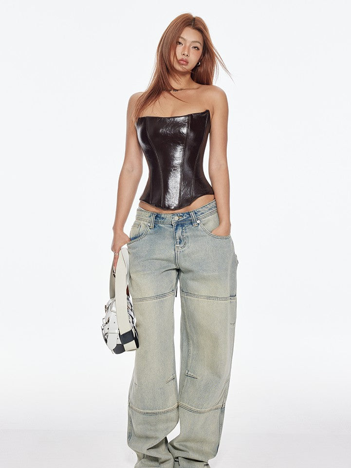 BUM STUDIO Brown Armored Boned Shaping Corset Zipper Women's Oiled Pu Matching Skirt Sets