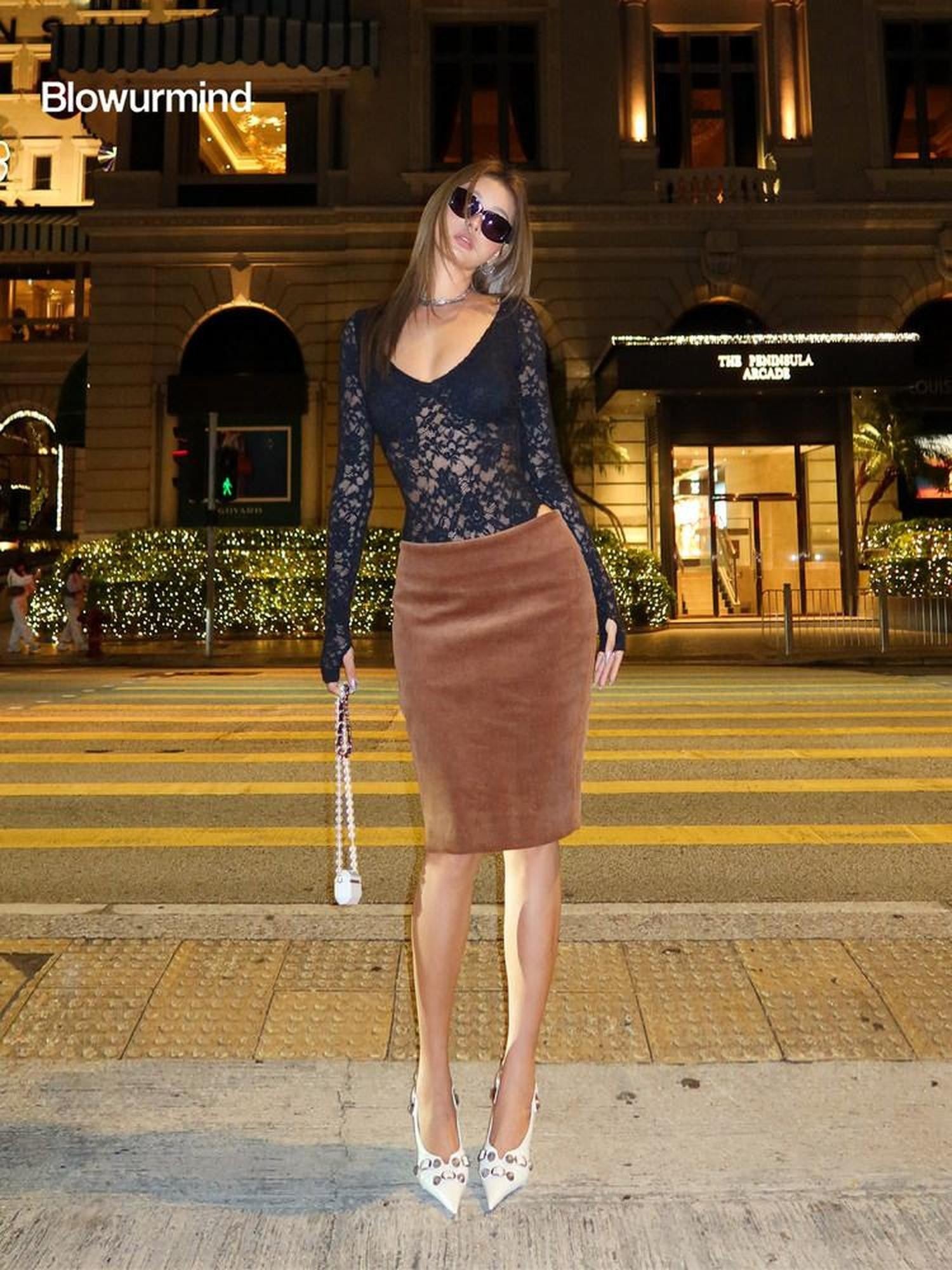 BUM STUDIO Brown Corduroy Pencil Low Rise Slim Fit Women's Cotton Spandex Midi Skirts