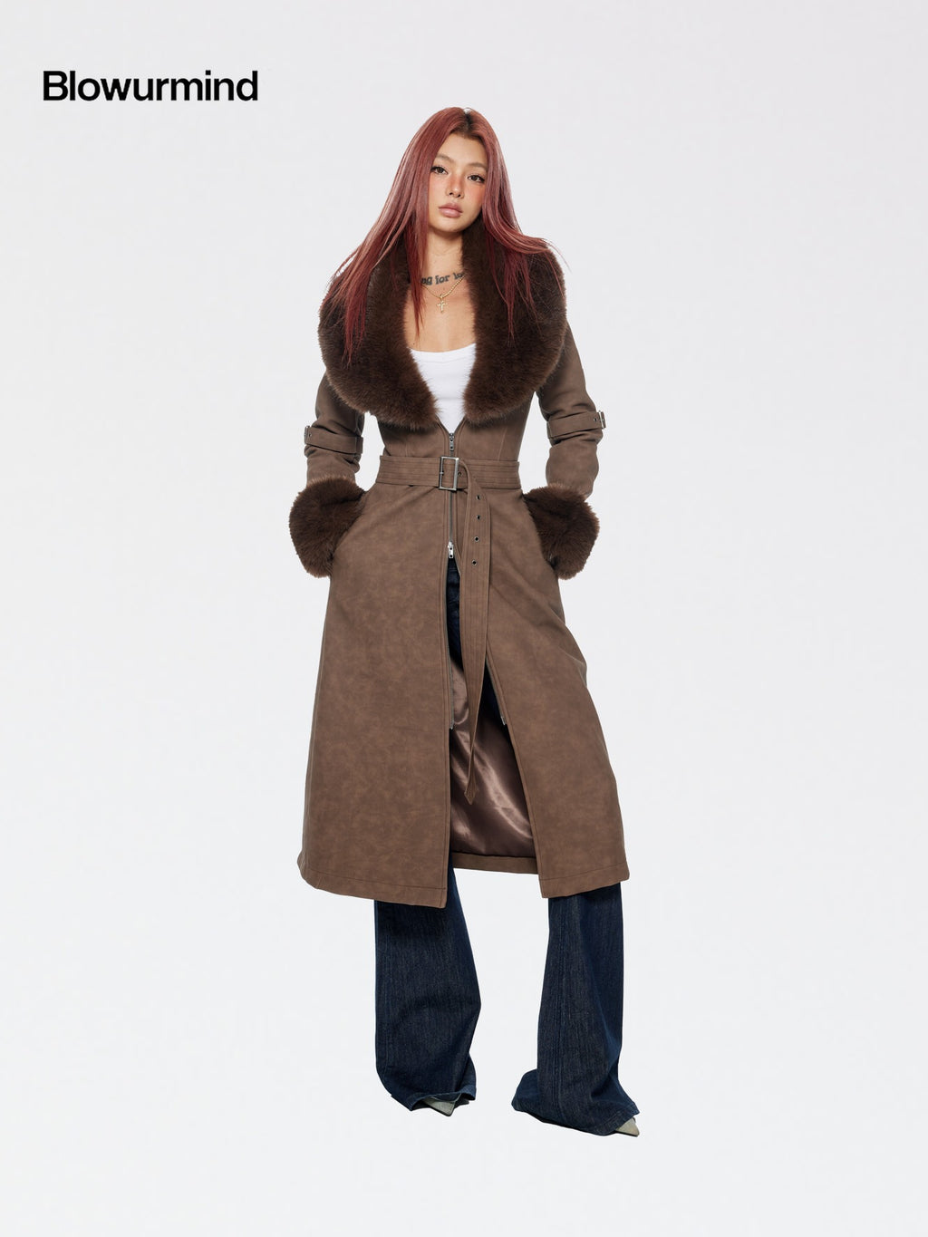 BUM STUDIO Brown Detachable Fur Collar Waist Cinched Suede Look Women's Pu Long Coats