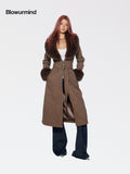 BUM STUDIO Brown Detachable Fur Collar Waist Cinched Suede Look Women's Pu Long Coats
