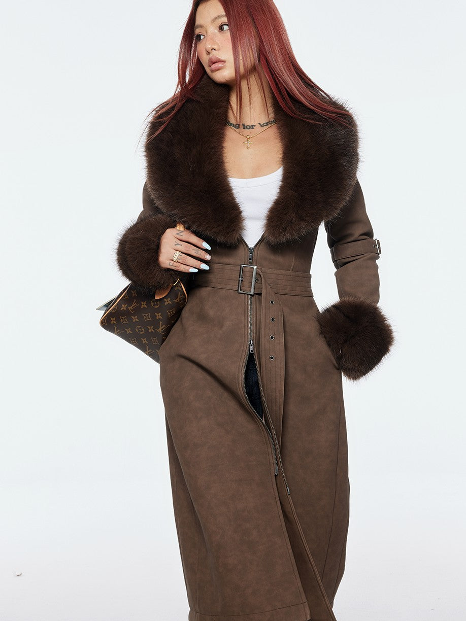 BUM STUDIO Brown Detachable Fur Collar Waist Cinched Suede Look Women's Pu Long Coats