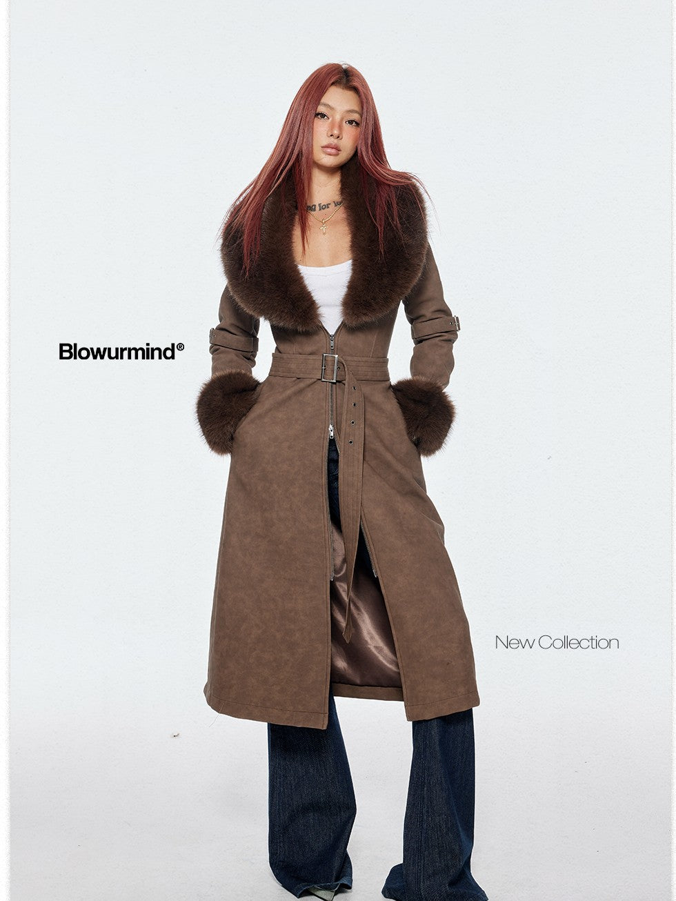 BUM STUDIO Brown Detachable Fur Collar Waist Cinched Suede Look Women's Pu Long Coats