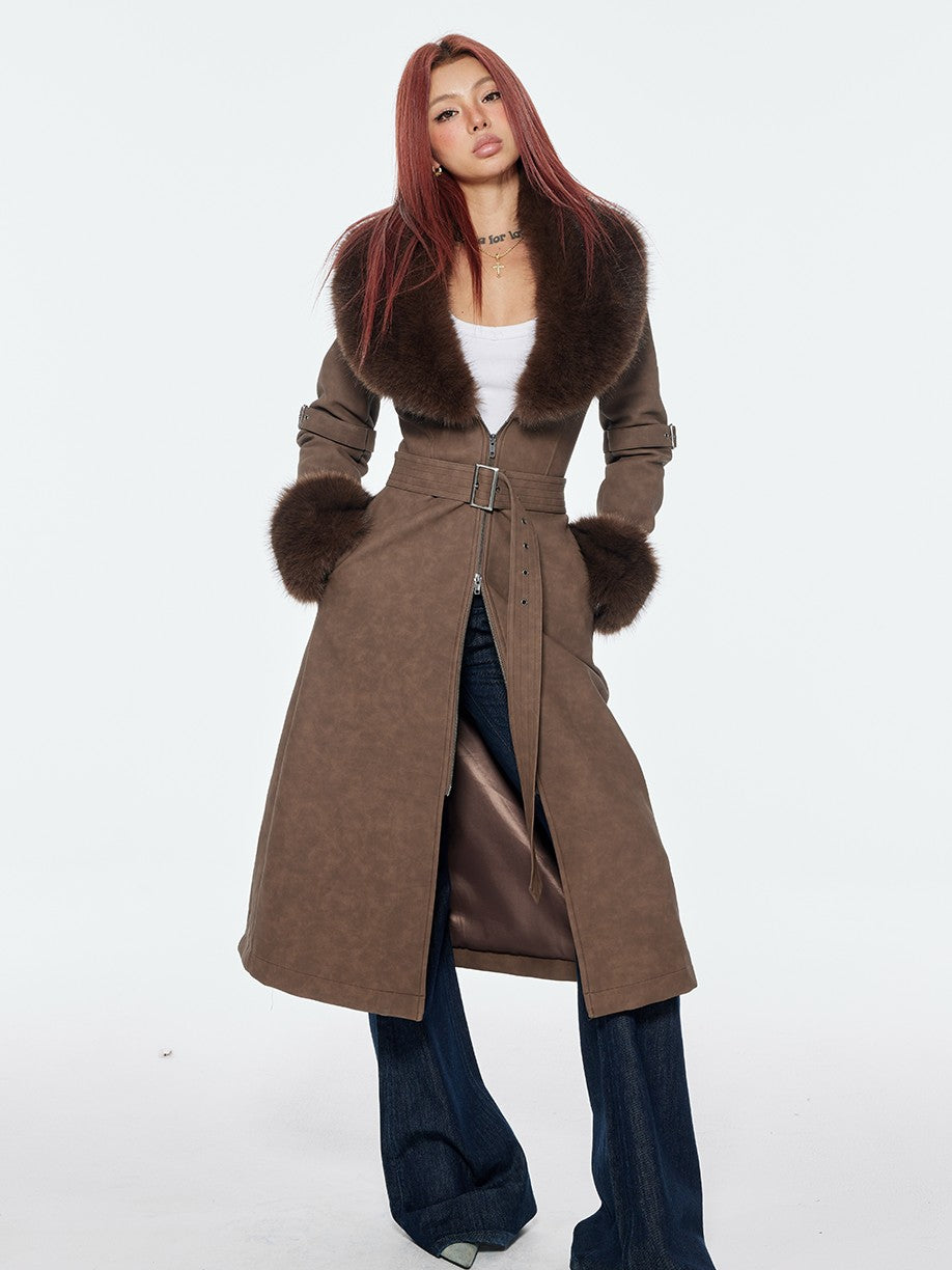 BUM STUDIO Brown Detachable Fur Collar Waist Cinched Suede Look Women's Pu Long Coats