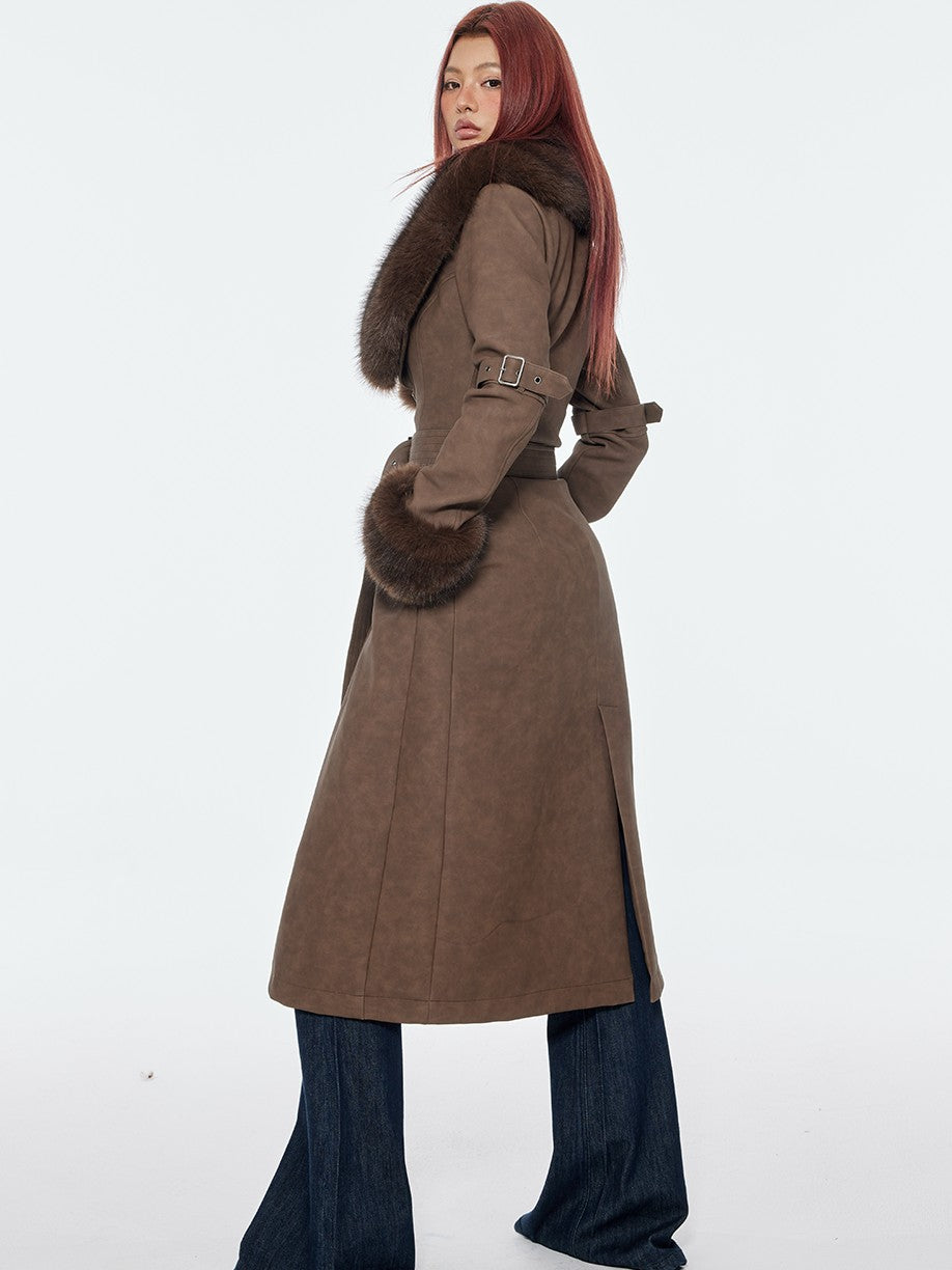 BUM STUDIO Brown Detachable Fur Collar Waist Cinched Suede Look Women's Pu Long Coats