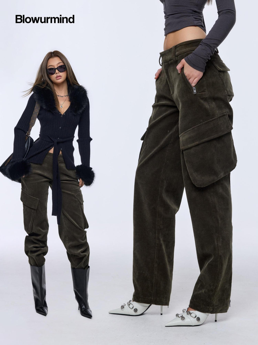 BUM STUDIO Brown Green Corduroy Embroidered 3d Pocket Straight Women's Cotton Cargo Pants
