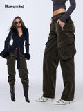BUM STUDIO Brown Green Corduroy Embroidered 3d Pocket Straight Women's Cotton Cargo Pants
