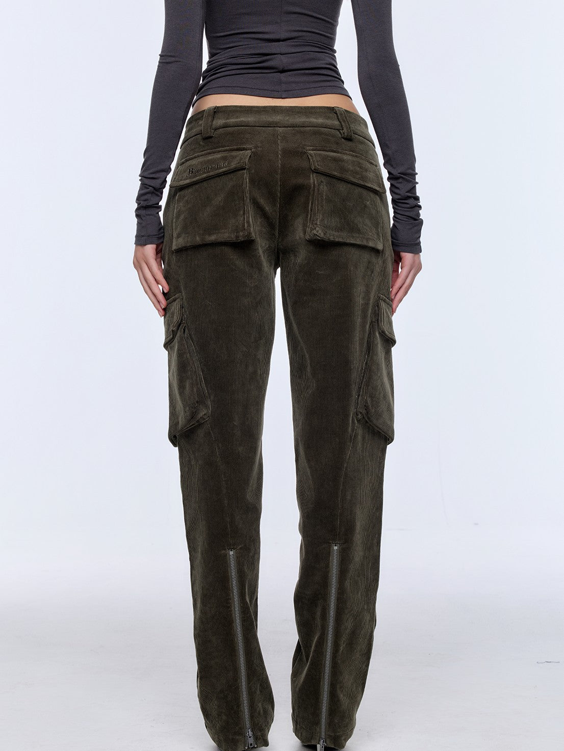 BUM STUDIO Brown Green Corduroy Embroidered 3d Pocket Straight Women's Cotton Cargo Pants