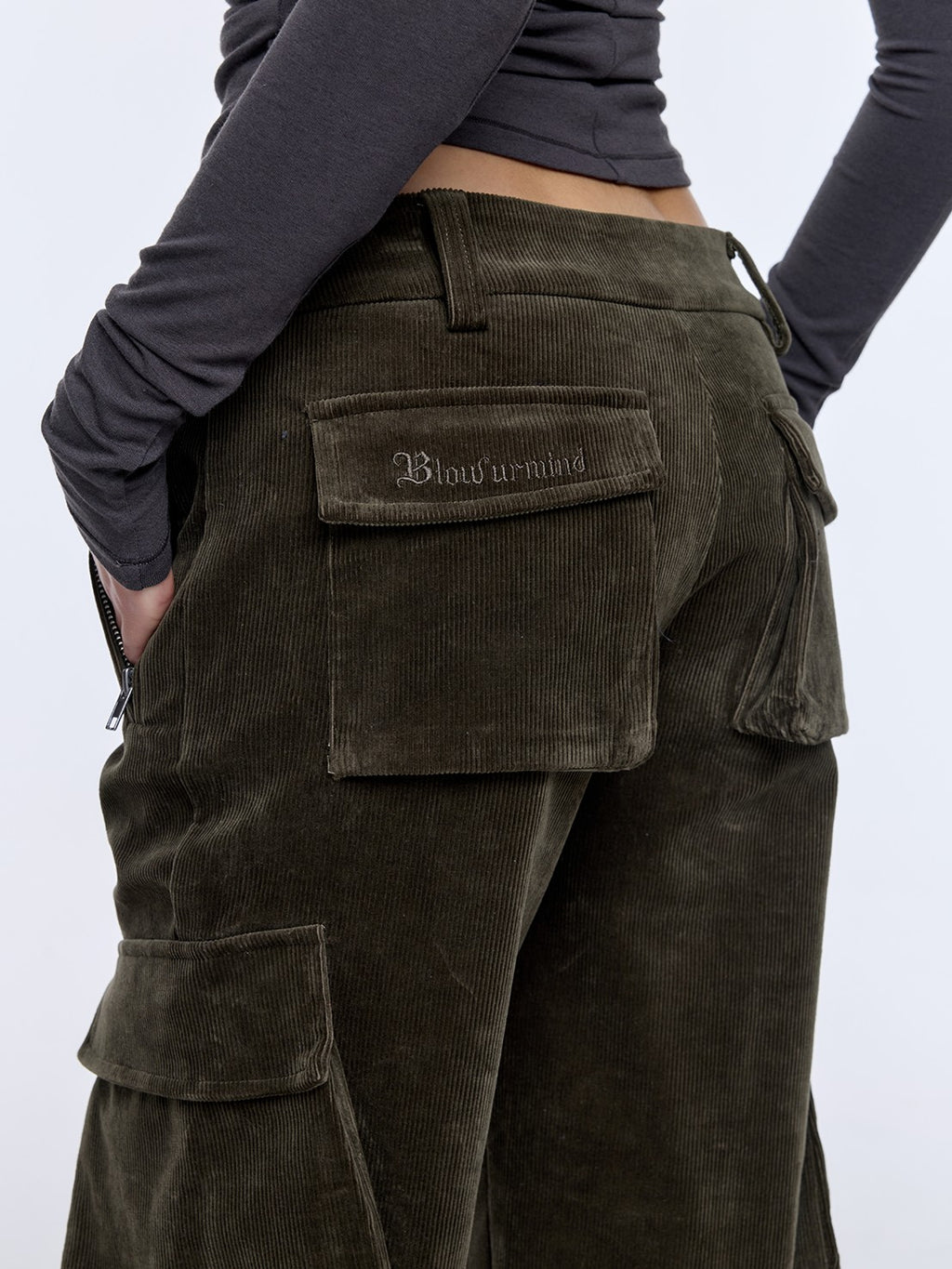 BUM STUDIO Brown Green Corduroy Embroidered 3d Pocket Straight Women's Cotton Cargo Pants