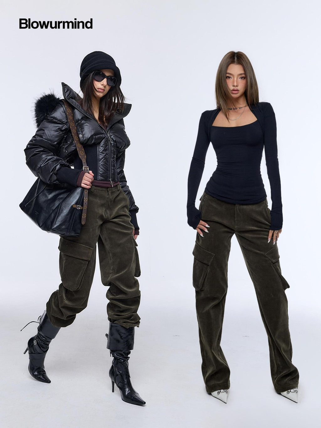BUM STUDIO Brown Green Corduroy Embroidered 3d Pocket Straight Women's Cotton Cargo Pants