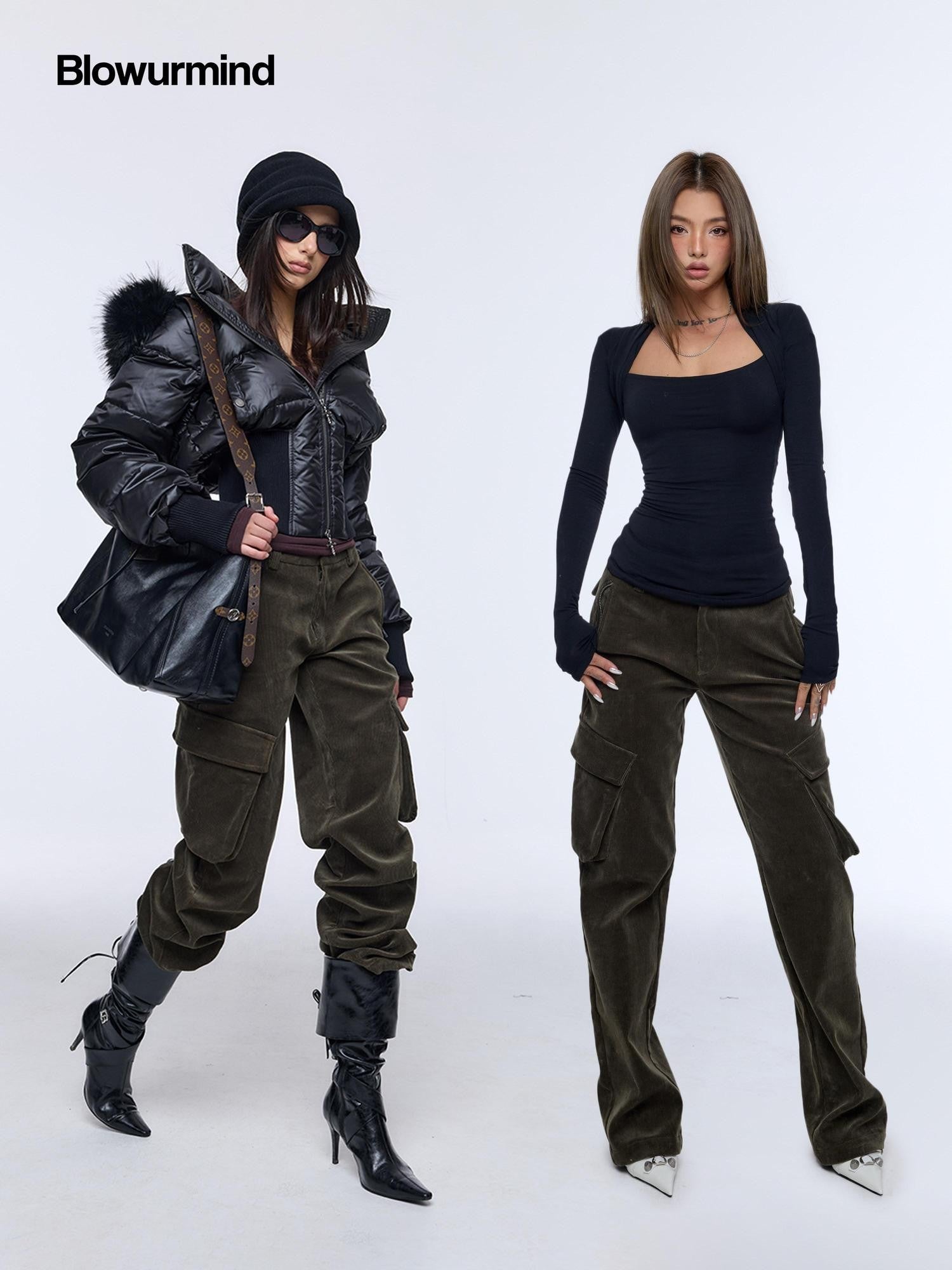 BUM STUDIO Brown Green Corduroy Embroidered 3d Pocket Straight Women's Cotton Cargo Pants
