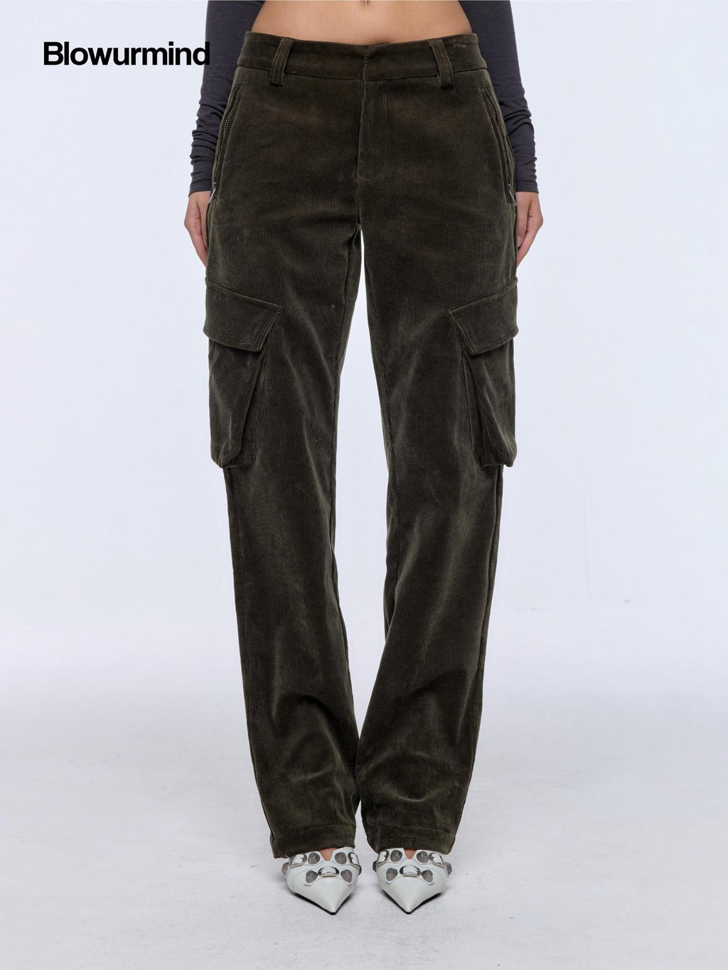 BUM STUDIO Brown Green Corduroy Embroidered 3d Pocket Straight Women's Cotton Cargo Pants