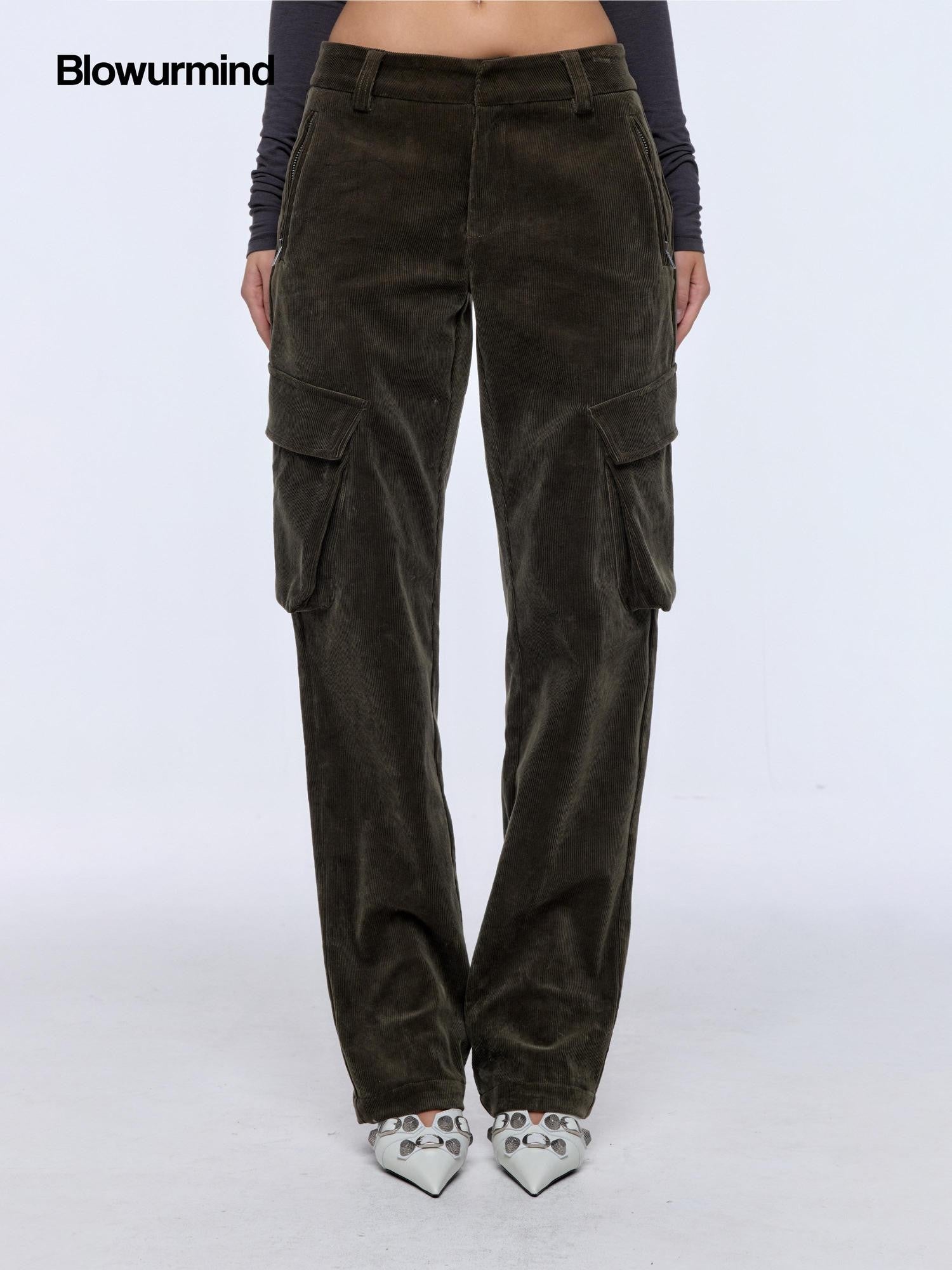 BUM STUDIO Brown Green Corduroy Embroidered 3d Pocket Straight Women's Cotton Cargo Pants