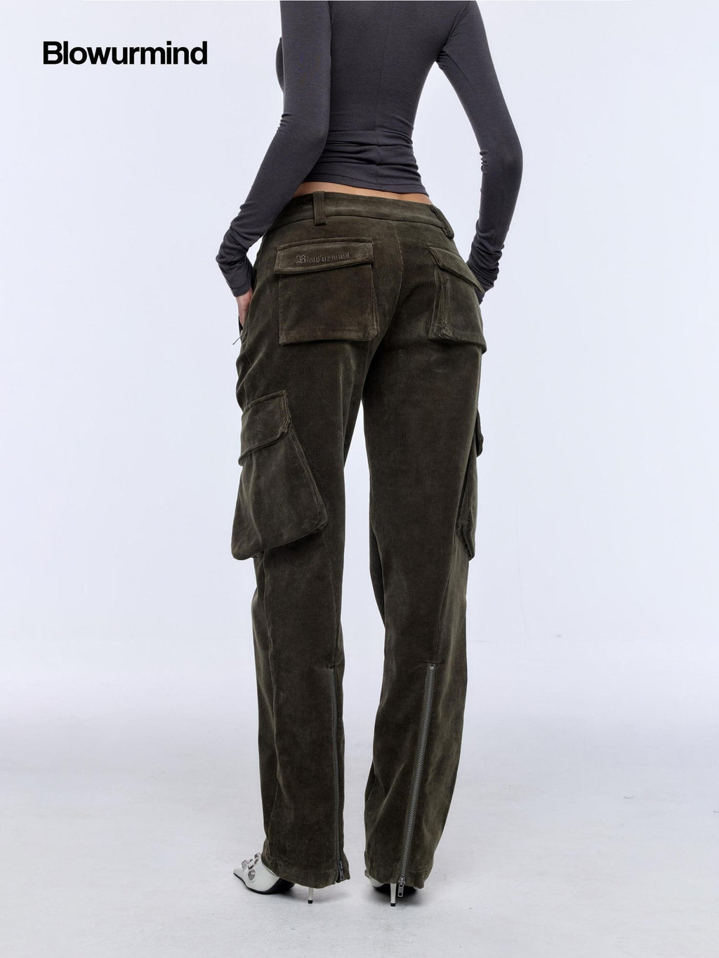 BUM STUDIO Brown Green Corduroy Embroidered 3d Pocket Straight Women's Cotton Cargo Pants